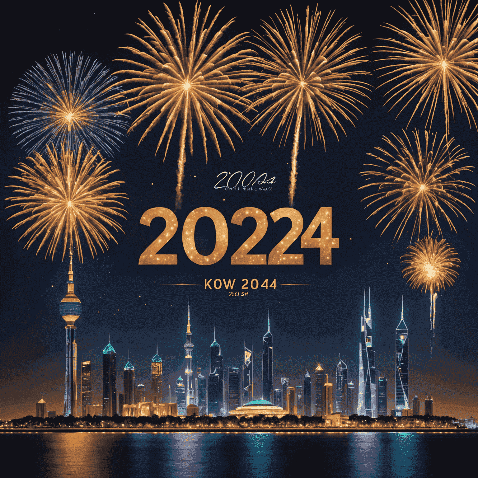 Festive image of Kuwait City skyline at night with fireworks and '2024' displayed, representing the New Year's Eve celebration and bonus program