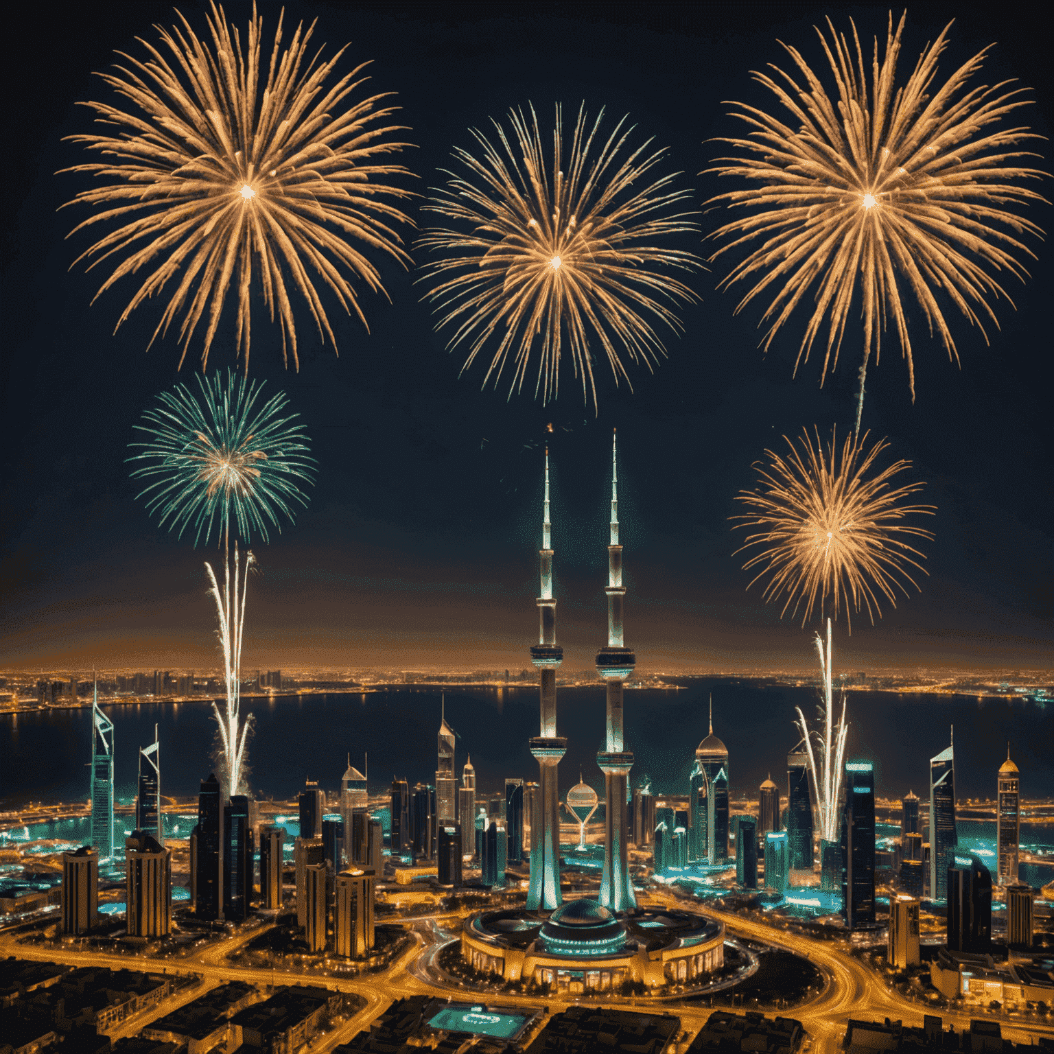 Fireworks display over Kuwait City skyline, showcasing the excitement of New Year's Eve celebrations and the exclusive bonus program