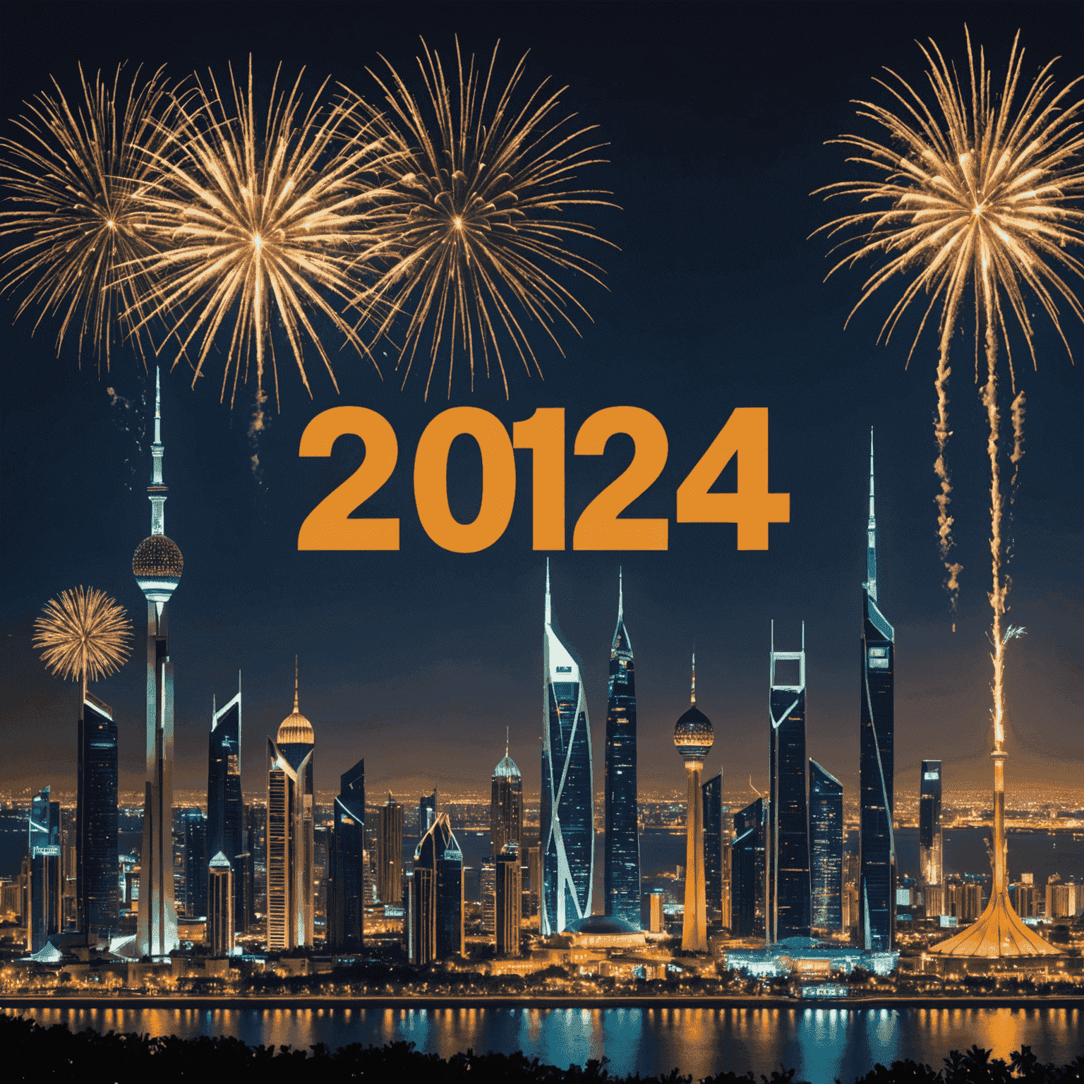 A festive image showing Kuwait City skyline with fireworks and a large '2024' sign, symbolizing the New Year's Eve celebration and xtormgain's bonus program