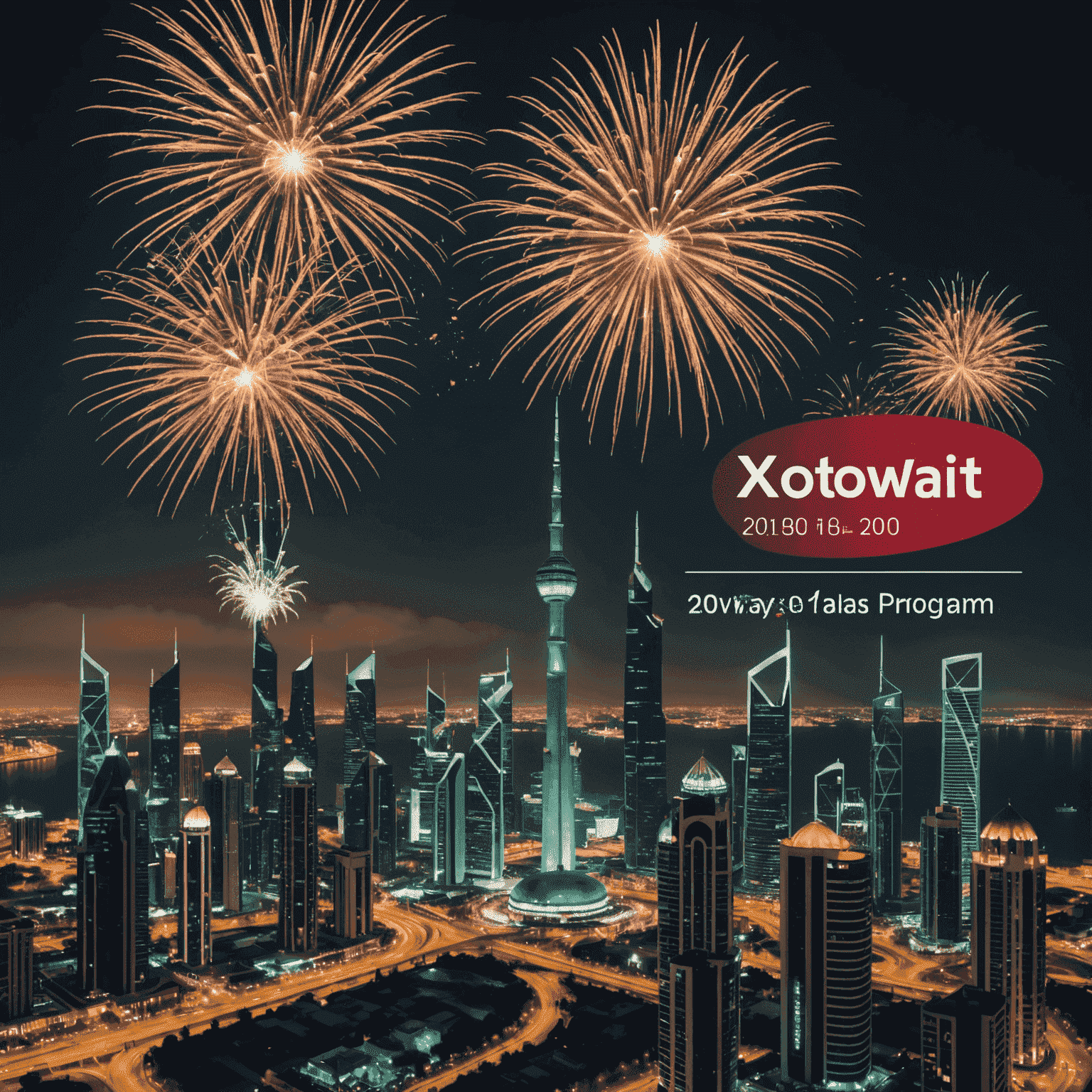 Fireworks display over Kuwait City skyline with xtormgain logo overlay, representing the New Year's Eve Bonus program