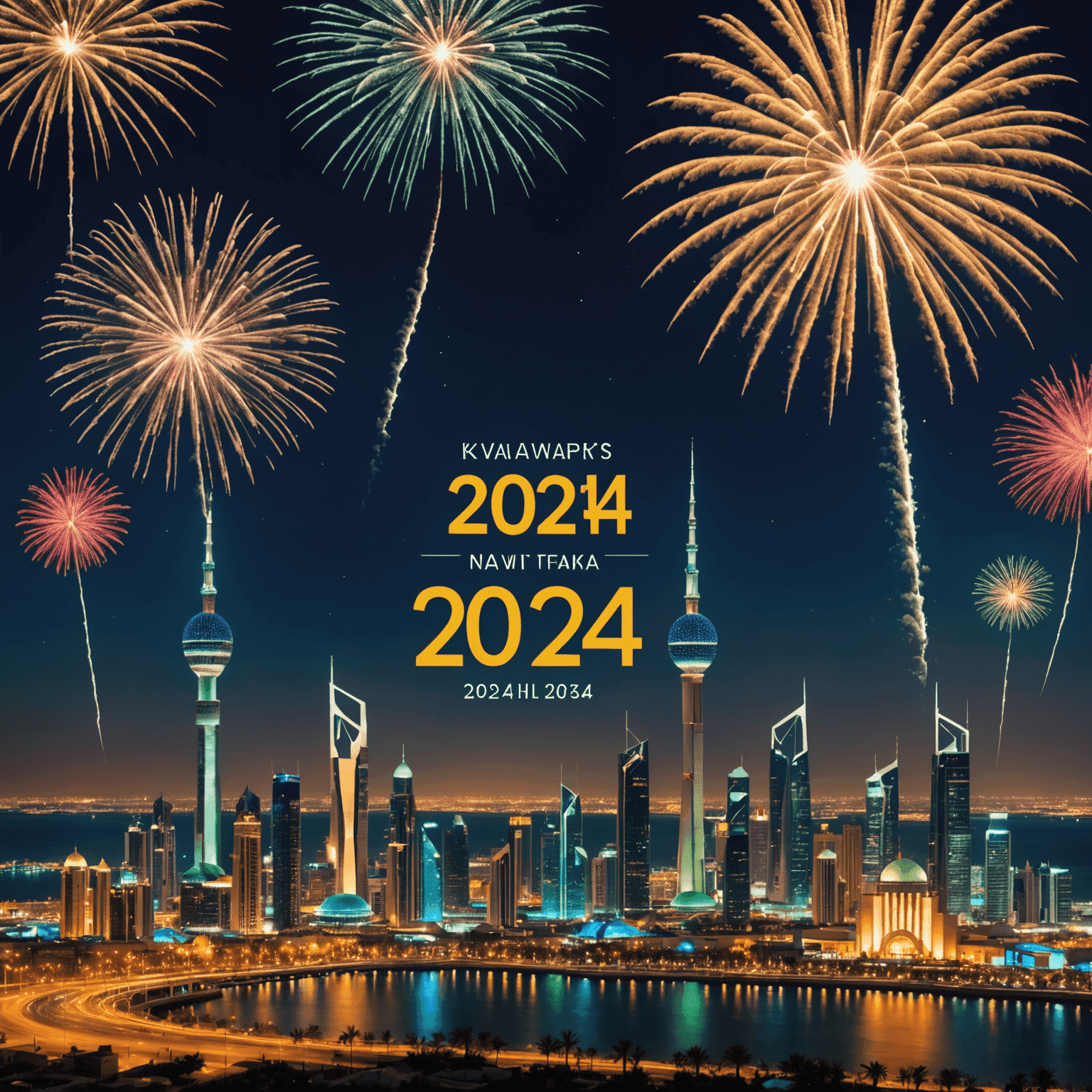 Festive image of Kuwait City skyline with fireworks and '2024' in lights, symbolizing the New Year's Eve celebration and bonus program