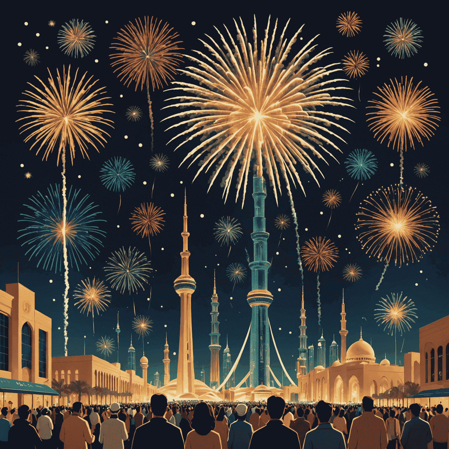 Illustration of a festive New Year's Eve celebration in Kuwait City, featuring fireworks over iconic landmarks and people celebrating with bonus program symbols