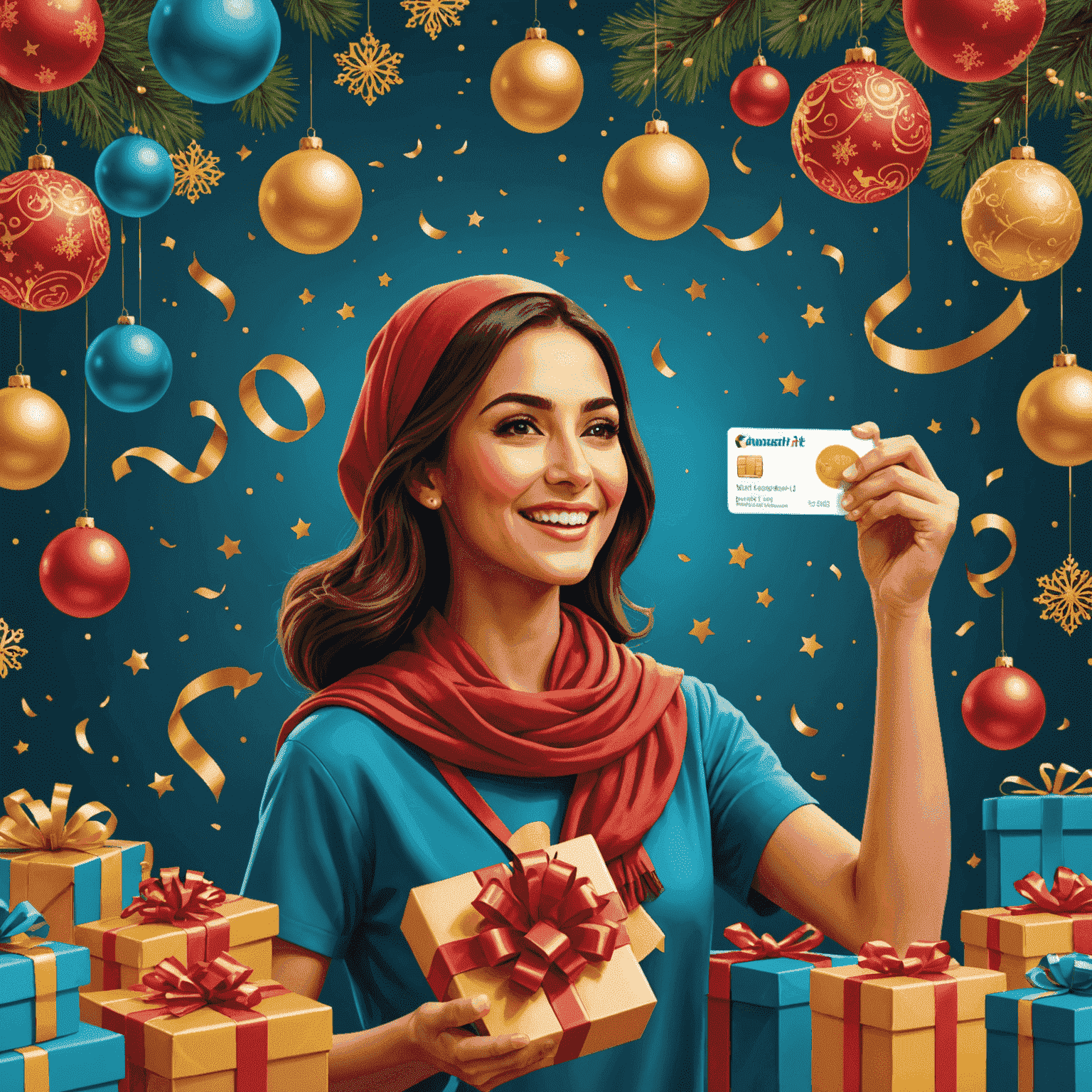 Illustration of a person happily receiving various rewards and bonuses, with festive New Year's decorations in the background. The image showcases different types of rewards like gift cards, products, and experiences, all themed around Kuwait's New Year celebrations.