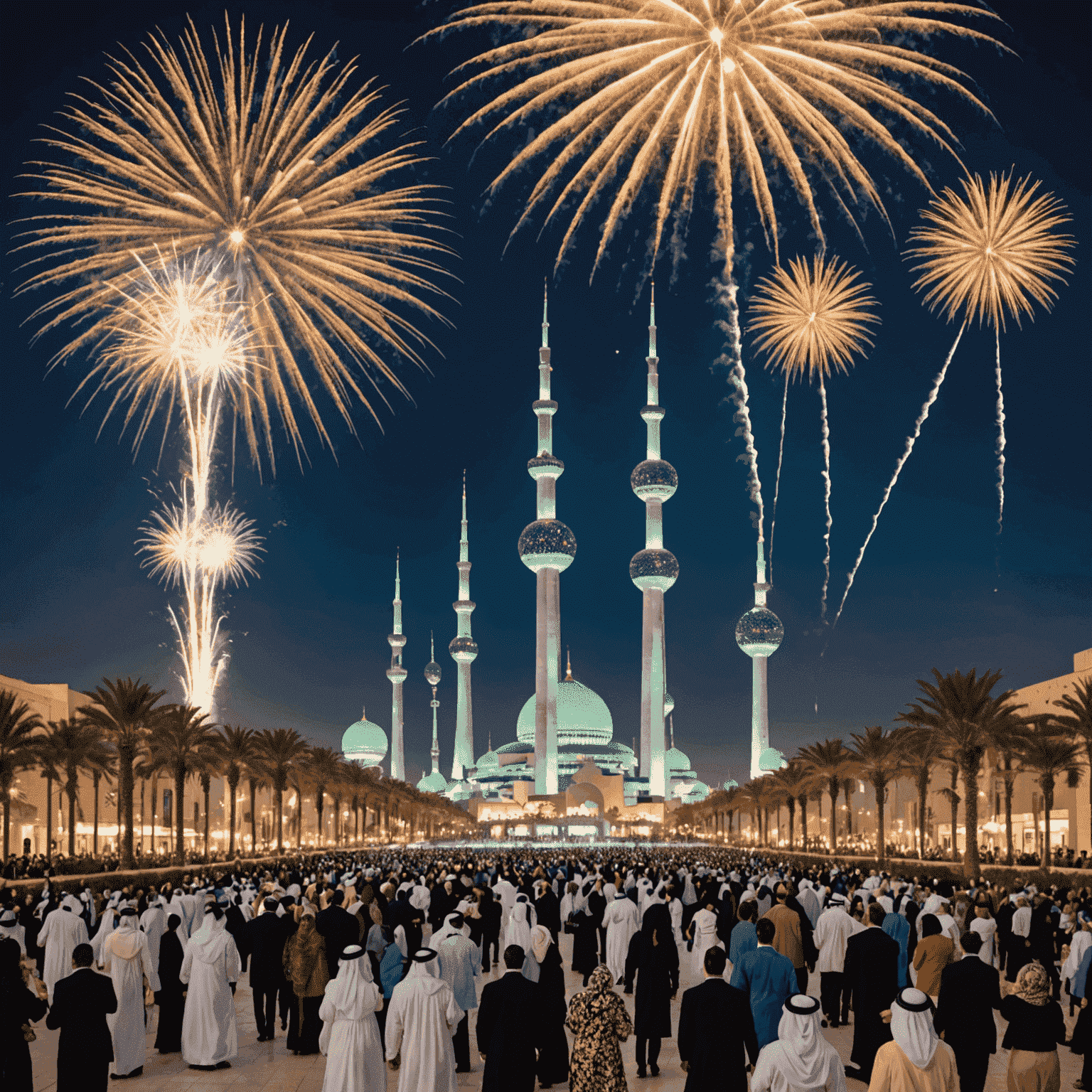 Festive image depicting New Year's Eve celebration in Kuwait with fireworks over Kuwait Towers and people enjoying the bonus program