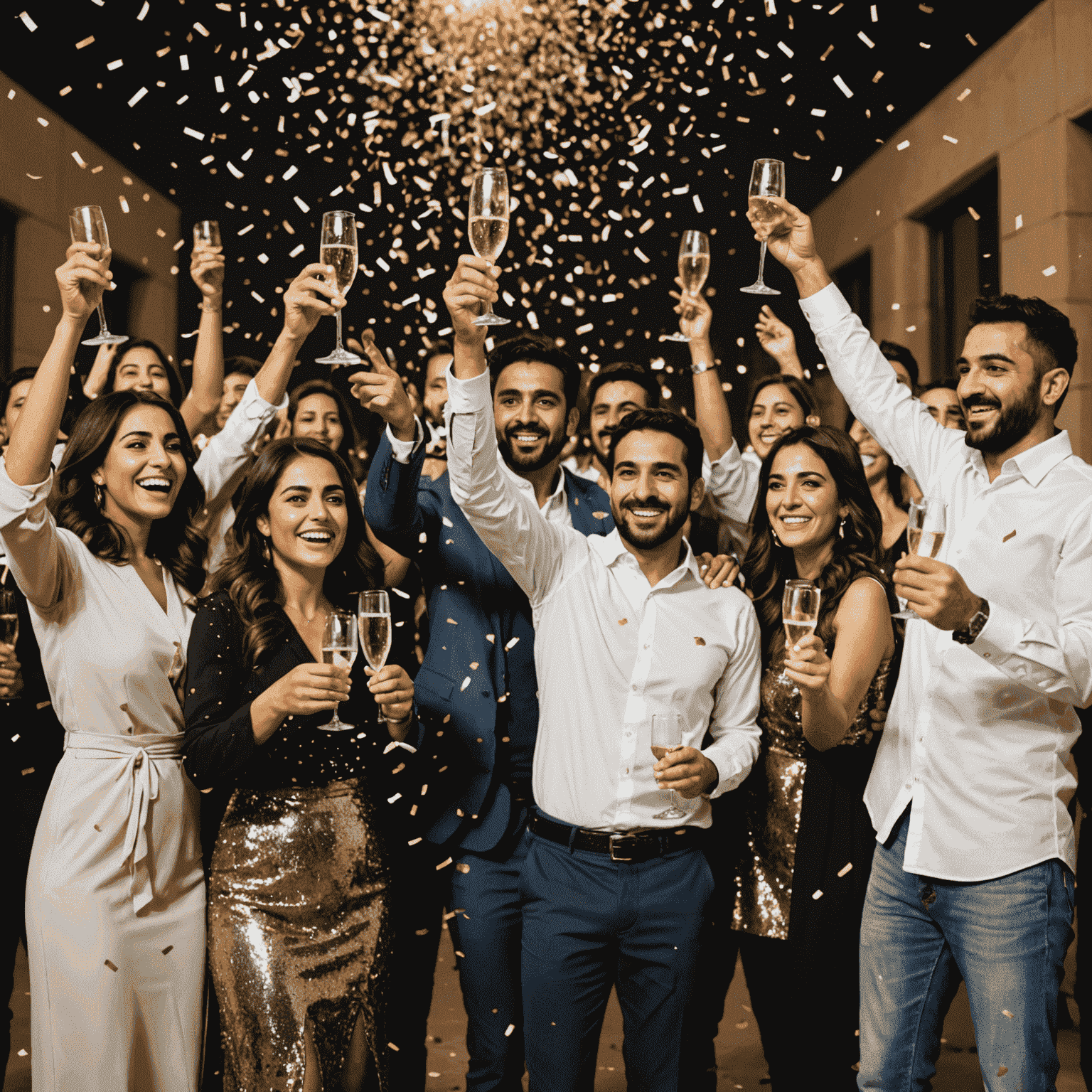 A group of happy Kuwait residents celebrating with champagne and confetti, showcasing the excitement of participating in xtormgain's New Year's Eve bonus program