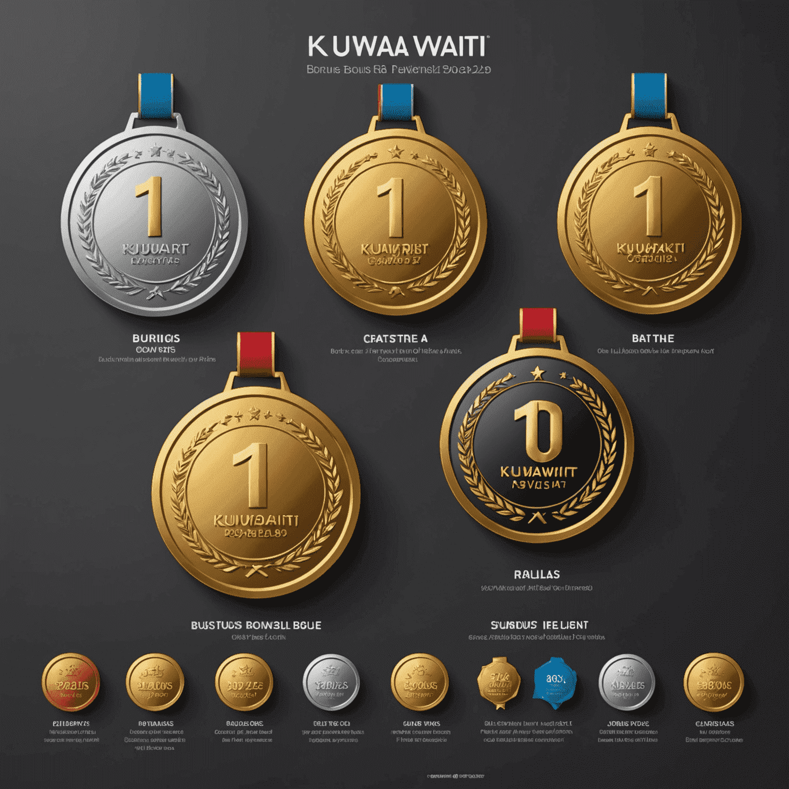 Infographic showing different bonus tiers with gold, silver, and bronze medals, representing the reward levels for Kuwaiti customers